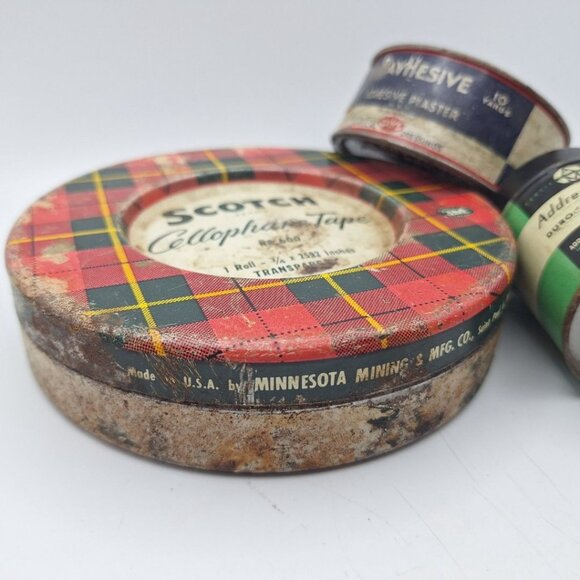 Vintage Tin Lot Scotch Tape Round Ray Hesive Bandage Duro Clear Ribbon Empty - Picture 2 of 7